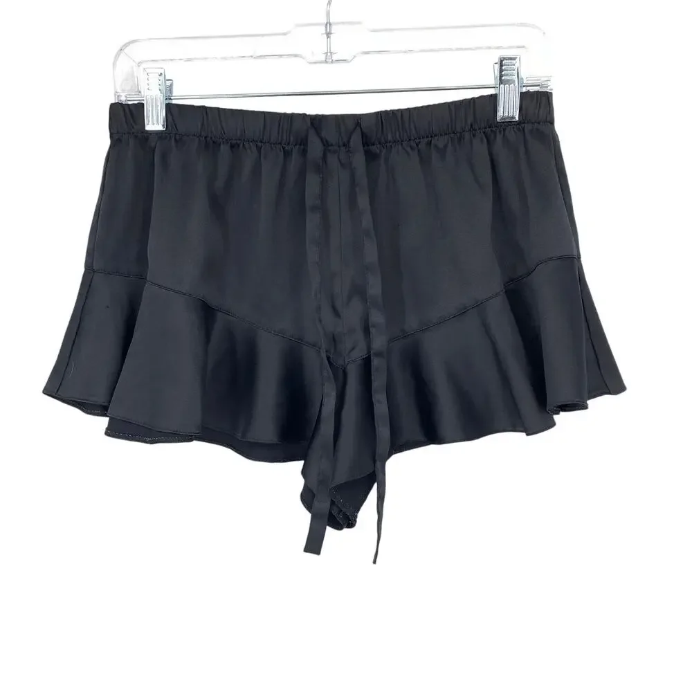 Victorias Secret Ruffle Hem Satin Sleep Shorts Womens Size M Black Elastic Waist